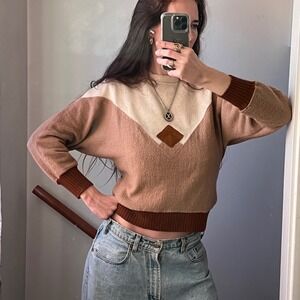 Vintage 80s Colorblock Knit Sweater Geometric Neutral Cropped Cozy
